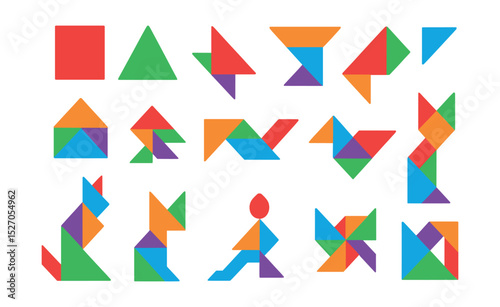 Flat vector icons of tangram pieces: square, triangle, parallelogram, combination shapes, puzzle forms, geometric animals, abstract humans, design configurations.