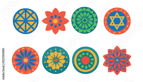 Flat vector icons of geometric mandalas: radial symmetry, circular grids, petal layers, dot accents, sacred geometry, ring patterns, central focus shapes, ornamental divisions.
