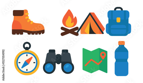 Flat vector icons of outdoor activities: hiking boot, tent, campfire, backpack, compass, binoculars, map, water bottle.