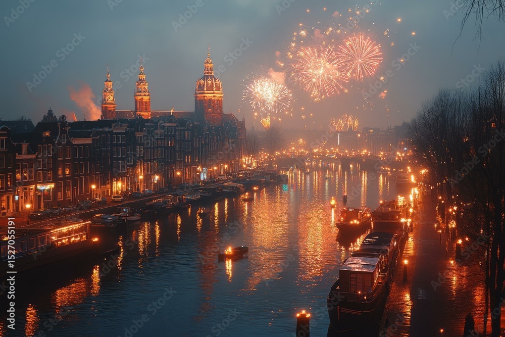 Obraz premium Fireworks illuminate Amsterdam canal with festive reflections during celebration night