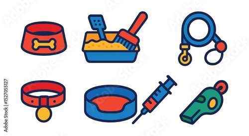 Flat vector icons of pet care: dog bowl, cat litter, grooming brush, leash, collar, pet bed, vaccination syringe, training whistle.