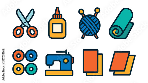 Flat vector icons of crafting supplies: scissors, glue, yarn, knitting needles, fabric roll, beads, sewing machine, craft paper.