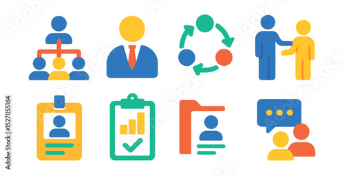 Flat vector icons of team management: team chart, leader icon, collaboration symbol, delegation, employee badge, performance report, HR file, team chat.