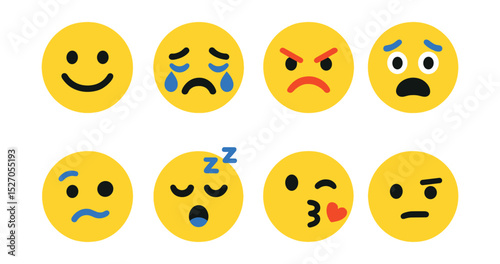 Flat vector icons of facial expressions: smiling face, crying face, angry face, scared face, confused face, sleepy face, kissing face, skeptical face.