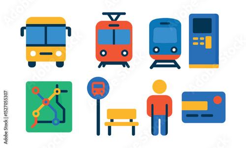 Flat vector icons of public transportation: bus, tram, subway train, ticket machine, route map, bus stop, passenger, transit card.
