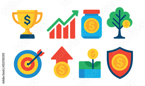 Flat vector icons of financial success: trophy with dollar sign, upward chart, savings jar, wealth tree, financial goal, income arrow, passive income icon, profit shield.