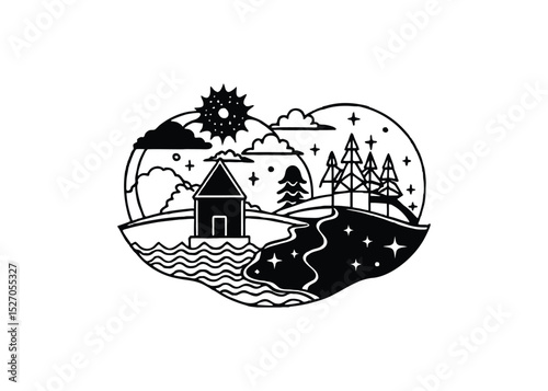 Silhouette of a surreal dream scene isolated on a white background