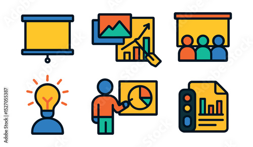 Flat vector icons of business presentation: projector screen, slide deck, graph with pointer, audience view, idea pitch, presenter icon, clicker device, visual report.