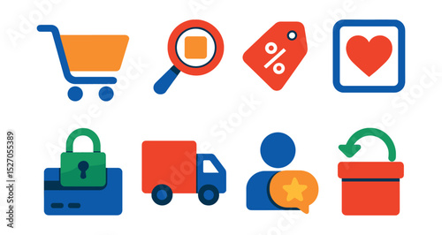 Flat vector icons of online shopping features: shopping cart, product search, discount tag, wishlist, secure payment, delivery truck, customer review, return policy.
