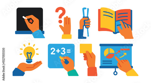 Flat vector icons of human hands in education: hand writing with chalk, hand raising to ask question, hand holding diploma, hand turning textbook, hand with lightbulb, hand solving math, hand passing