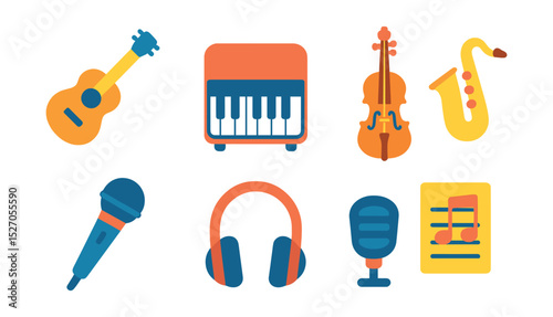 Flat vector icons of music instruments: guitar, piano, drum set, violin, saxophone, microphone, headphones, music sheet.