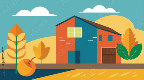 A mural on the side of a school building depicting a golden harvest with an empty granary in the corner representing the harsh truth of food scarcity in the community.. Vector illustration