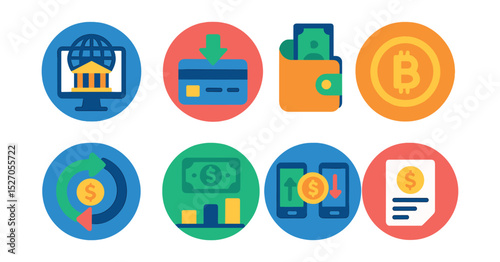 Flat vector icons of online finance tools in circular style: internet banking, online payment, digital wallet, crypto coin, transaction icon, account balance, money transfer, billing history.
