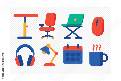 Flat vector icons of flexible workspace: adjustable desk, ergonomic chair, laptop stand, wireless mouse, noise-cancelling headphones, desk lamp, calendar, coffee mug.