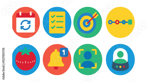 Flat vector icons of online productivity in circular style: calendar sync, task list, goal tracker, project timeline, Pomodoro timer, reminders, focus mode, virtual assistant.
