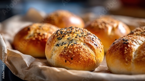 Warm, golden sesame rolls sit cooling on parchment paper in a warm kitchen. Their crispy exterior and soft interior make them a delightful addition to any meal, perfect for sharing or enjoying alone.