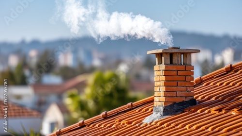 A brick chimney emits smoke into the clear sky of a sunny day, set against a backdrop of houses and hills, illustrating a peaceful atmosphere in a suburban neighborhood.