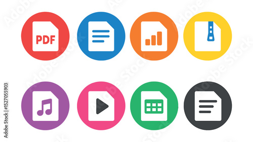 Flat vector icons of internet file types in circular style: PDF icon, DOC file, PPT file, ZIP archive, MP3 file, MP4 video, XLS spreadsheet, TXT document.