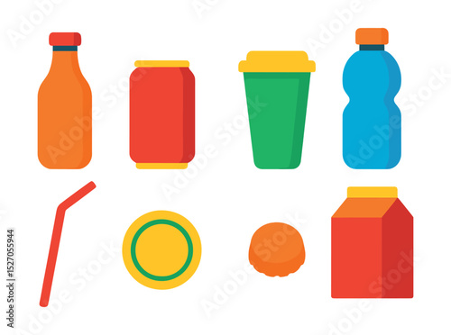 Flat vector icons of beverage packaging: glass bottle, aluminum can, paper cup, plastic bottle, straw, label, cap, carton box.