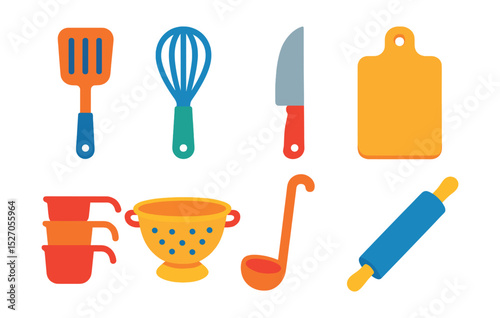 Flat vector icons of kitchen utensils: spatula, whisk, knife, cutting board, measuring cups, colander, ladle, rolling pin.