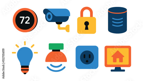 Flat vector icons of smart home devices: smart thermostat, security camera, smart lock, voice assistant, smart light bulb, motion sensor, smart plug, home hub.