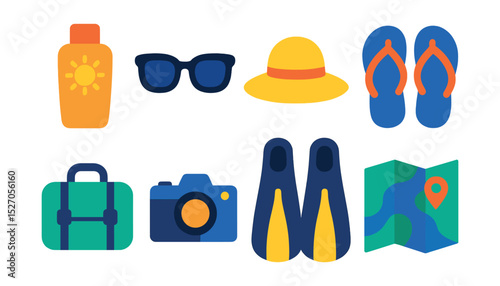 Flat vector icons of tropical vacation essentials: sunscreen, sunglasses, beach hat, flip-flops, travel bag, camera, snorkeling fins, map.