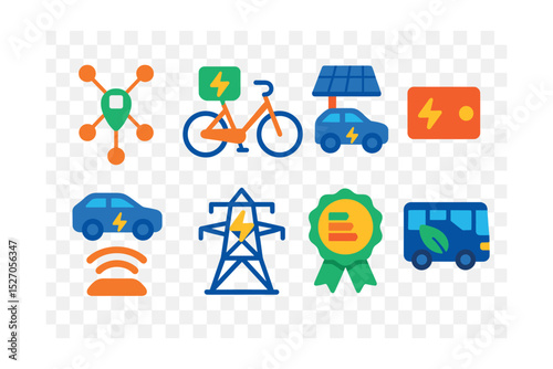 Flat vector icons of Electric Vehicles & Charging: charging station network, electric bicycle, solar-powered charging station, EV charging card, wireless EV charger, power grid connection, energy