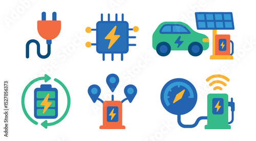 Flat vector icons of Electric Vehicles & Charging: charging cable plug, EV power management, electric car icon, solar charging station, battery charging cycle, EV charging network, energy flow meter,