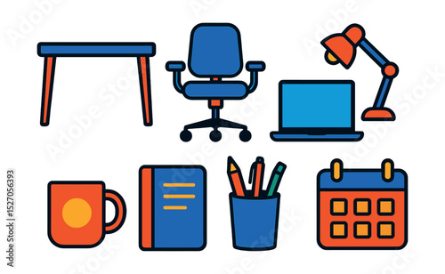 Flat vector icons of home office essentials: desk, ergonomic chair, laptop, desk lamp, coffee mug, notebook, pen holder, calendar.