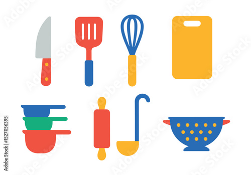 Flat vector icons of cooking utensils: chef knife, spatula, whisk, cutting board, measuring cups, rolling pin, ladle, colander.