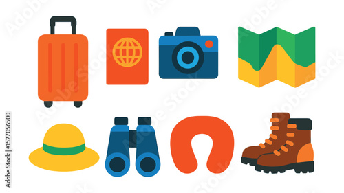 Flat vector icons of travel gear: suitcase, passport, camera, map, sunhat, binoculars, travel pillow, hiking boots.
