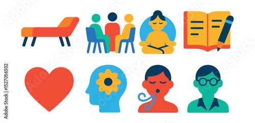 Flat vector icons of mental health support: therapy couch, support group, meditation, journal, heart symbol, mindfulness, breathing exercises, counselor.