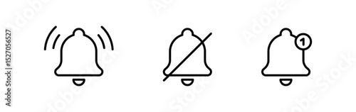Set of bell icons for notifications, alerts, reminders and silent mode. including mute and count styles. Ideal for mobile apps, messaging platforms, and communication tools. editable stroke