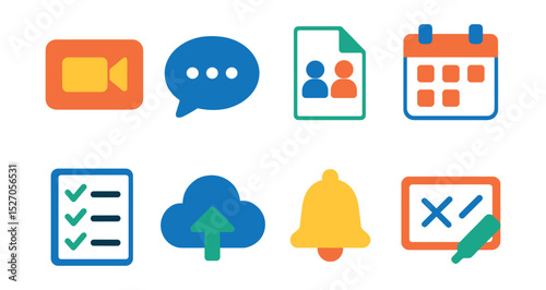 Flat vector icons of online collaboration tools: video call, chat bubble, shared document, calendar event, task list, cloud storage, notification bell, virtual whiteboard.