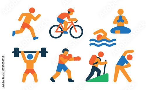 Flat vector icons of fitness activities: running, cycling, swimming, yoga, weightlifting, boxing, hiking, stretching.