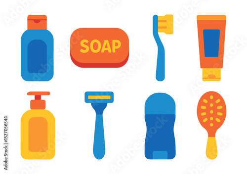 Flat vector icons of personal care products: shampoo bottle, soap bar, toothbrush, toothpaste, lotion, razor, deodorant, hairbrush.