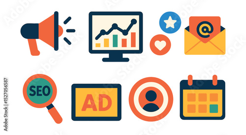 Flat vector icons of digital marketing tools: megaphone, analytics chart, social media, email campaign, SEO magnifier, ad banner, target audience, content calendar.