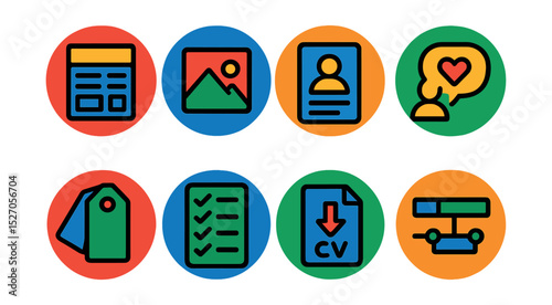 Flat vector icons of digital portfolio assets in circular style: portfolio layout, project thumbnail, case study icon, client testimonial, project tags, skills list, download CV, project timeline.