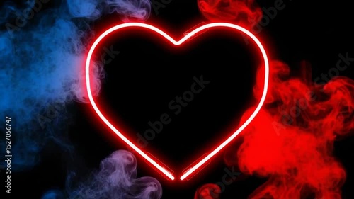 Red neon heart-shaped frame with red and blue smoke on an abstract black background – visual effect video footage

