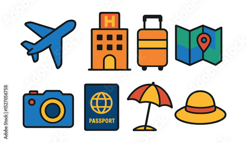 Flat vector icons of holiday travel: airplane, hotel, suitcase, map, camera, passport, beach umbrella, sunhat.