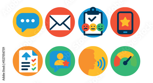 Flat vector icons of customer feedback channels in circular style: live chat icon, email reply, NPS survey, review platform, product feedback form, testimonial icon, user voice, satisfaction meter.