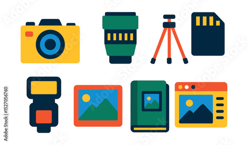 Flat vector icons of photography gear: camera, lens, tripod, memory card, flash, photo frame, photo album, editing software.