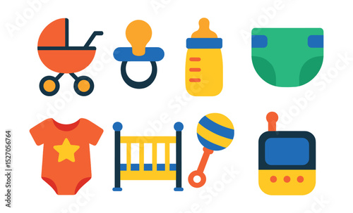 Flat vector icons of baby care items: stroller, pacifier, baby bottle, diaper, baby clothes, crib, toy rattle, baby monitor.