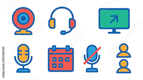 Flat vector icons of virtual meeting tools: webcam, headset, chat bubble, shared screen, microphone, calendar invite, mute button, participant list.