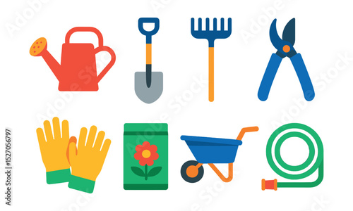 Flat vector icons of gardening tools: watering can, shovel, rake, pruning shears, garden gloves, seed packet, wheelbarrow, garden hose.