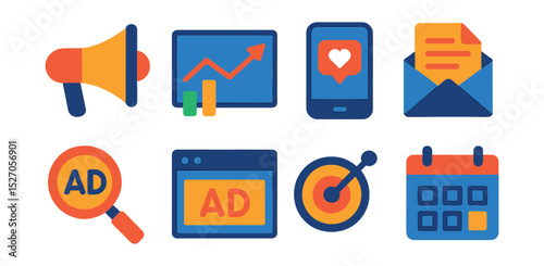 Flat vector icons of digital marketing tools: megaphone, analytics chart, social media, email campaign, SEO magnifier, ad banner, target audience, content calendar.