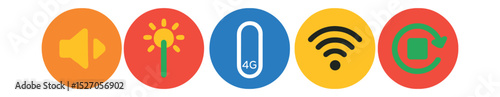Flat vector icons of quick settings in circular style: volume control, brightness slider, mobile data toggle, hotspot icon, screen rotation.