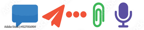 Flat vector icons of basic chat tools: message box, send icon, typing dots, attachment icon, voice note.