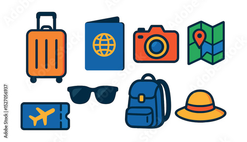 Flat vector icons of travel essentials: suitcase, passport, camera, map, travel ticket, sunglasses, backpack, sunhat.