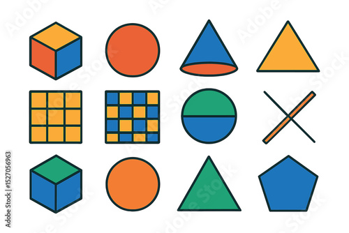 Flat vector icons of retro geometric forms: cubes, spheres, cones, pyramids, grids, checkerboards, intersecting lines, minimal polygons.